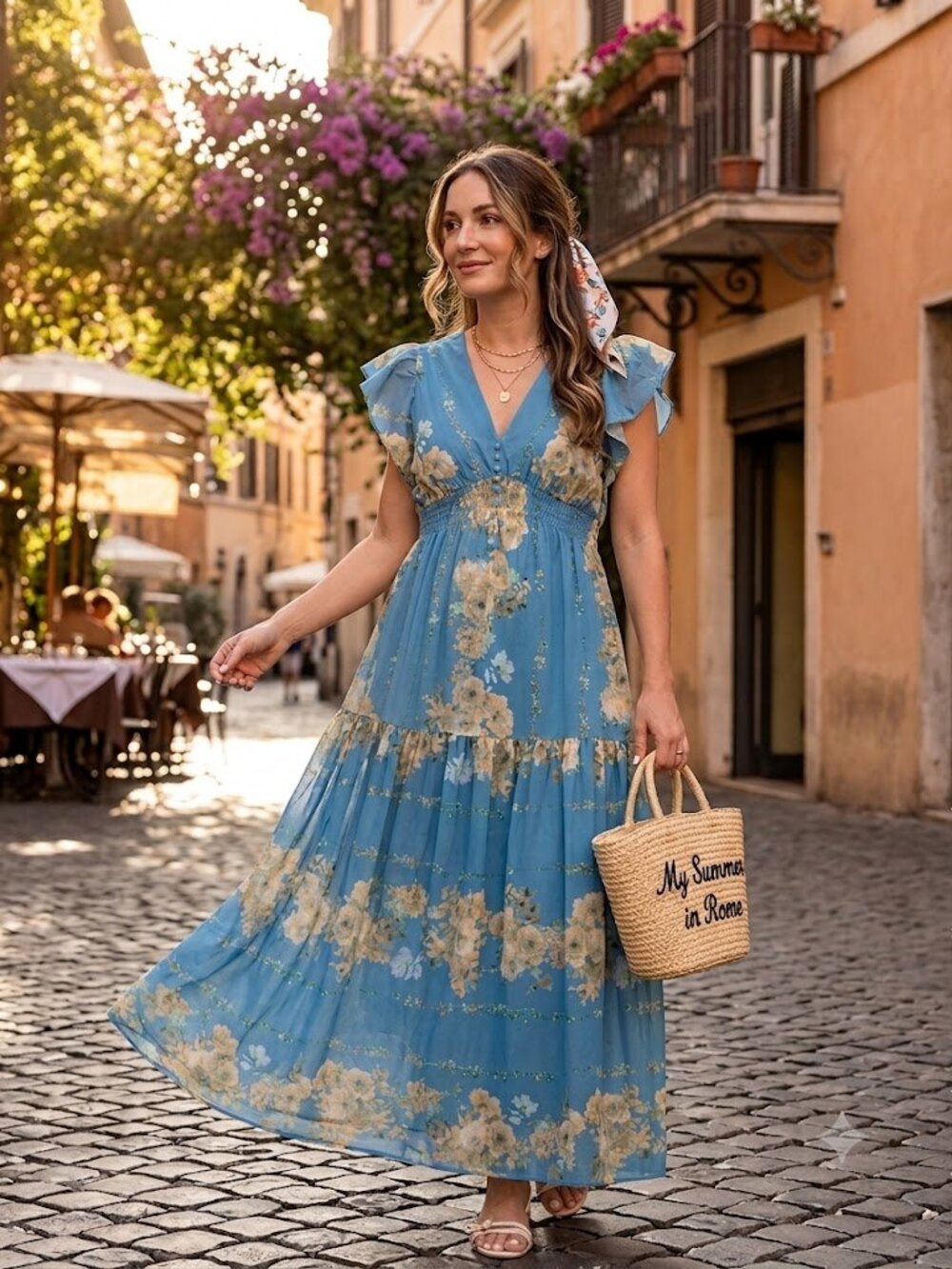 Taylor Blue Floral V Neck Flutter Sleeve Ruffle Maxi Dress Size 10 - Picture 1 of 3